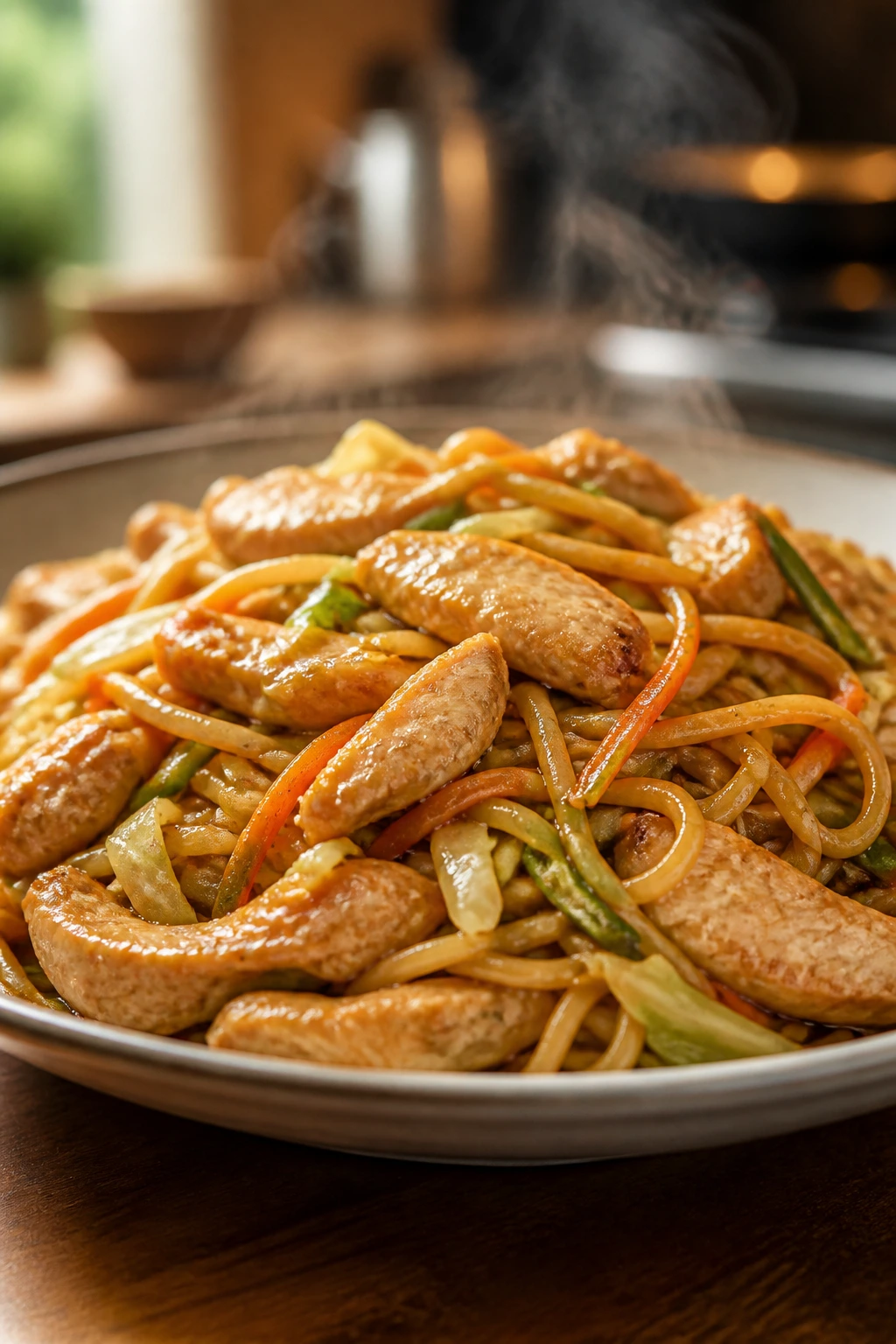 Close-up of glossy chicken lo mein in a bowl with vegetables