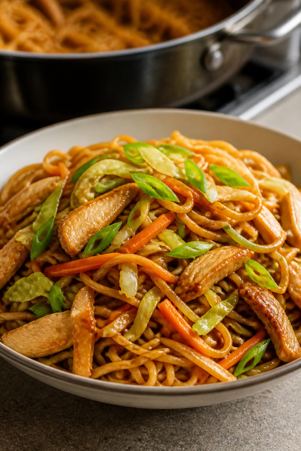 Lo mein noodles with chicken and vegetables in glossy sauce
