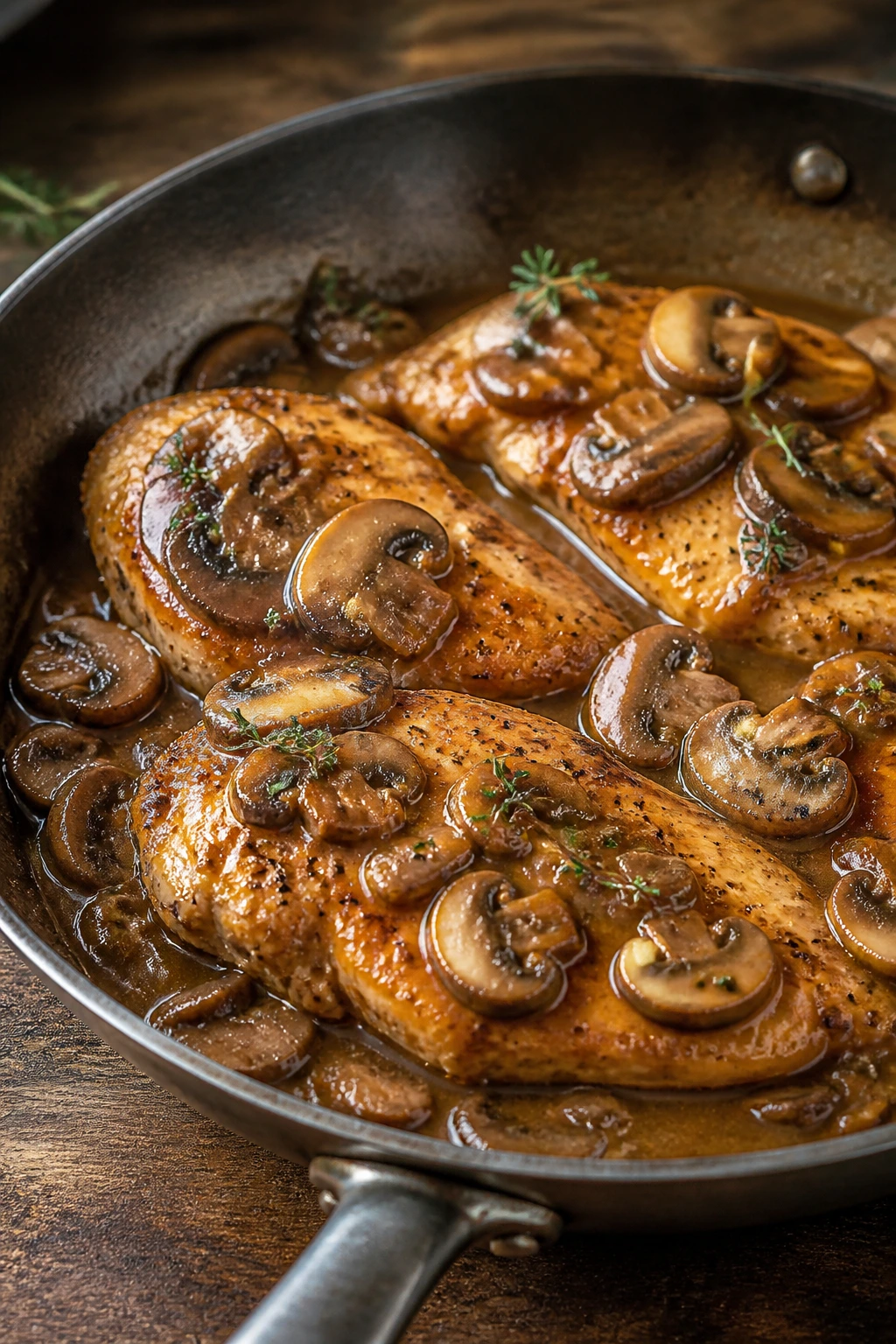 Close-up of chicken marsala with mushrooms in glossy sauce