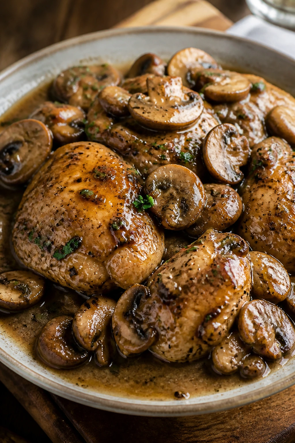 Close-up of chicken marsala on plate with mushrooms in glossy wine sauce