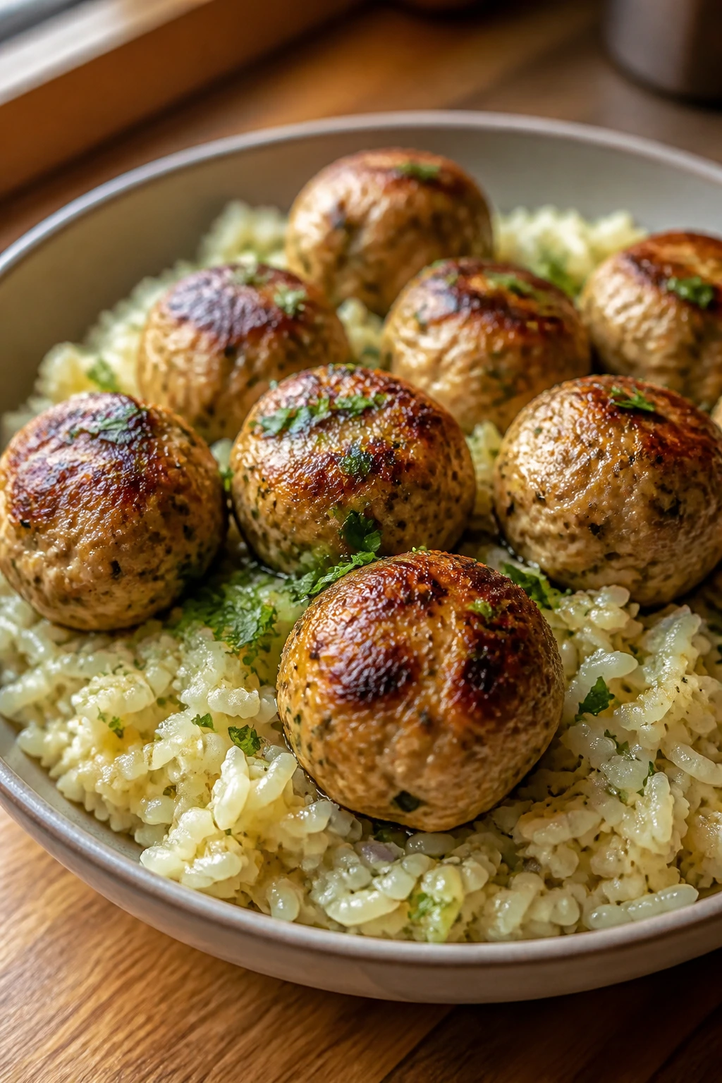 Close-up of chicken meatballs with garlic butter rice in a bowl