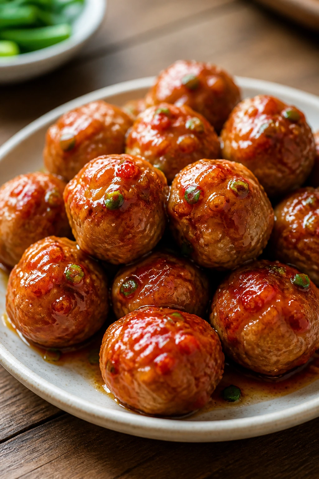 Close-up Sweet Chili Chicken Meatballs with glossy glaze