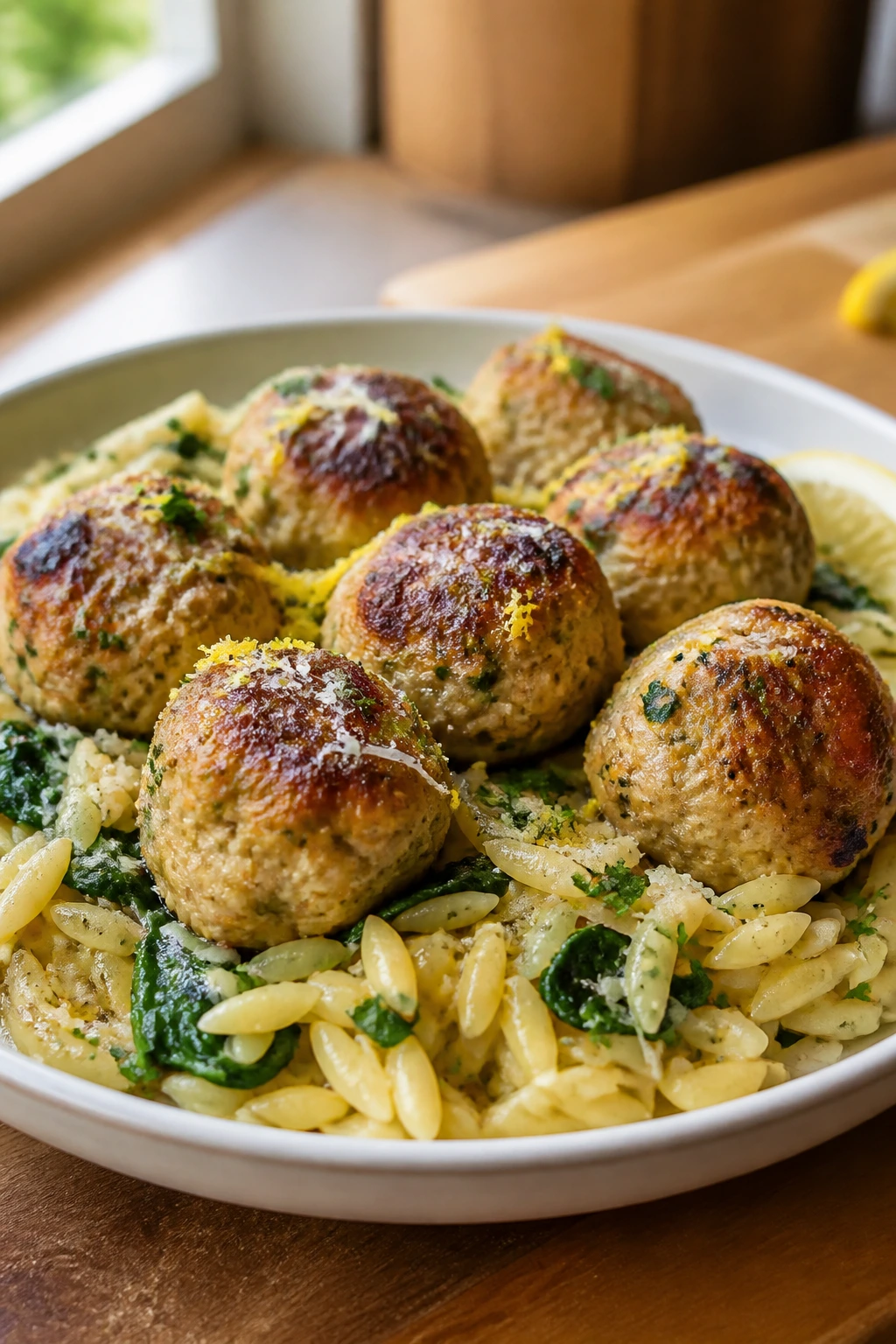Close-up of chicken meatballs with lemon orzo on a plate in warm kitchen light
