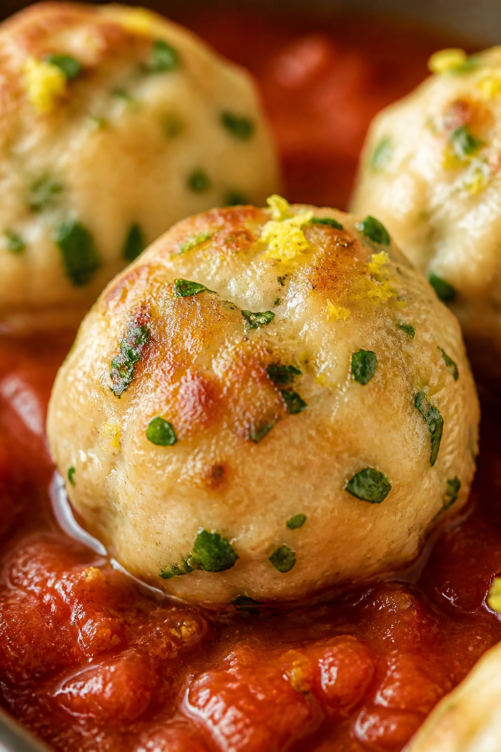 Chicken meatball with lemon zest and herbs in sauce
