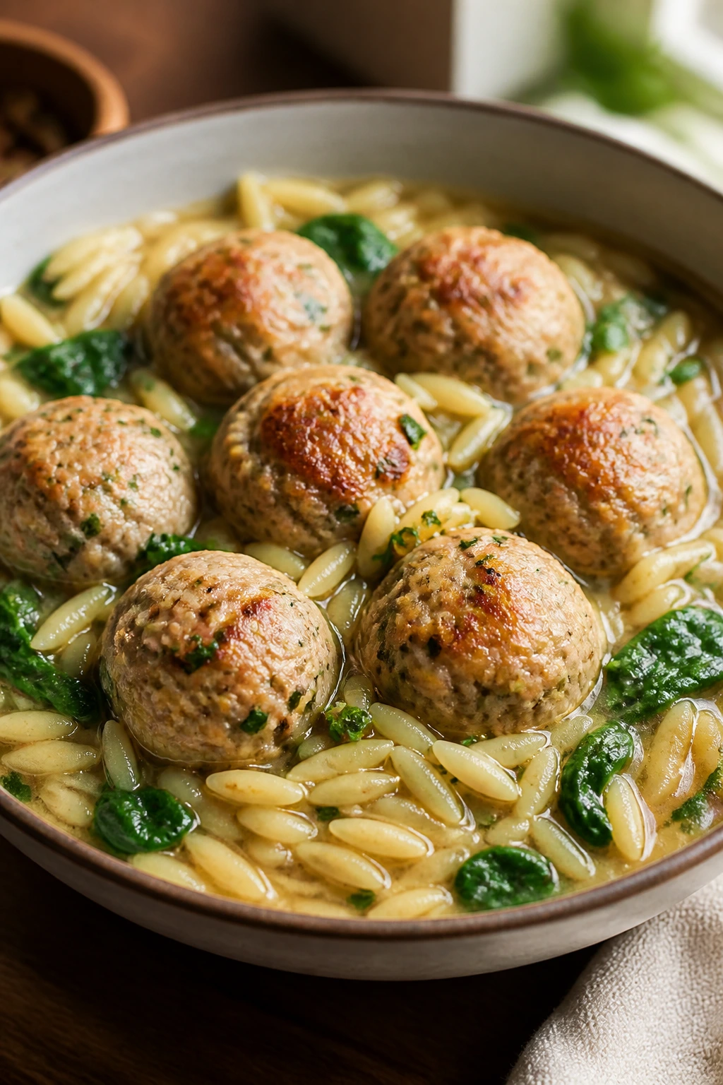 Chicken meatballs with orzo in broth close-up