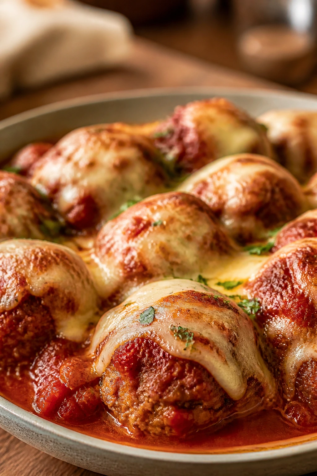 Close-up of chicken parmesan meatballs in marinara with mozzarella