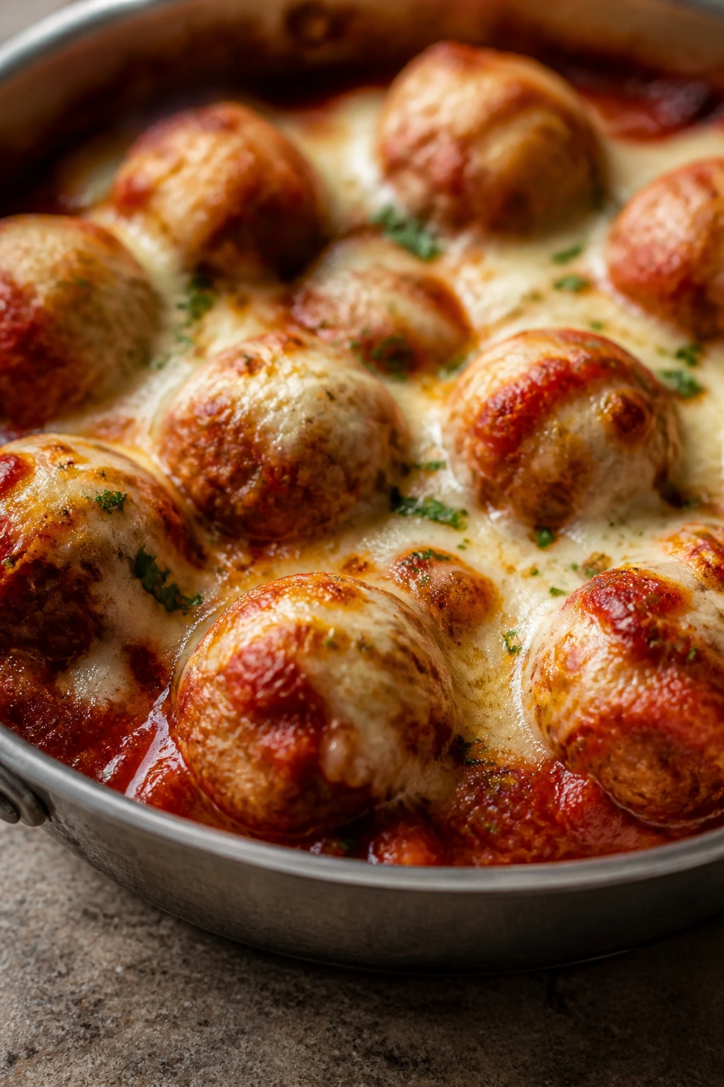 Close-up of chicken parmesan meatballs in marinara with melted mozzarella
