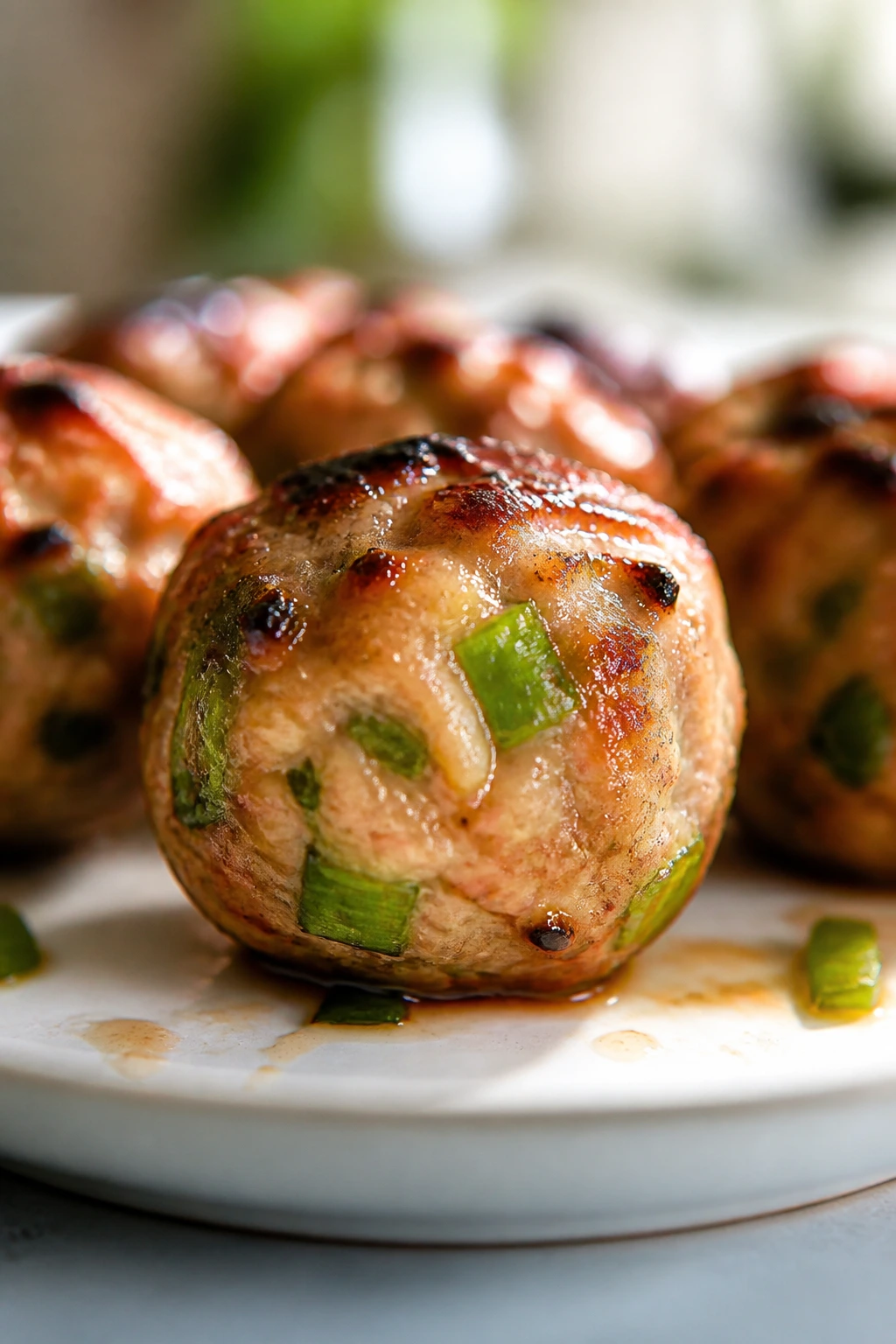 Close-up of Scallion Chicken Meatball showing scallion strands inside