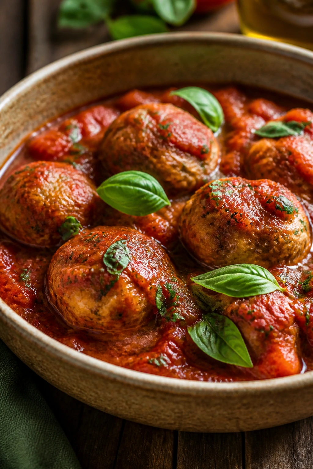 Close-up of chicken meatballs in tomato basil sauce in a rustic bowl