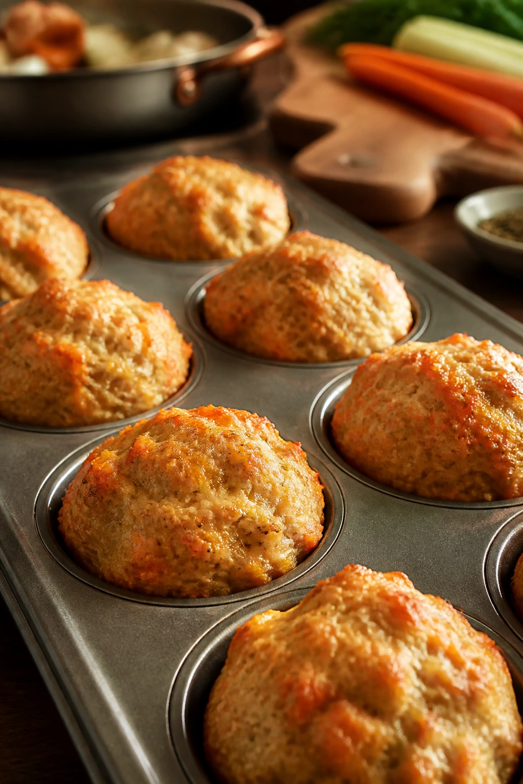 Chicken meatloaf muffins in a muffin tin, golden and moist