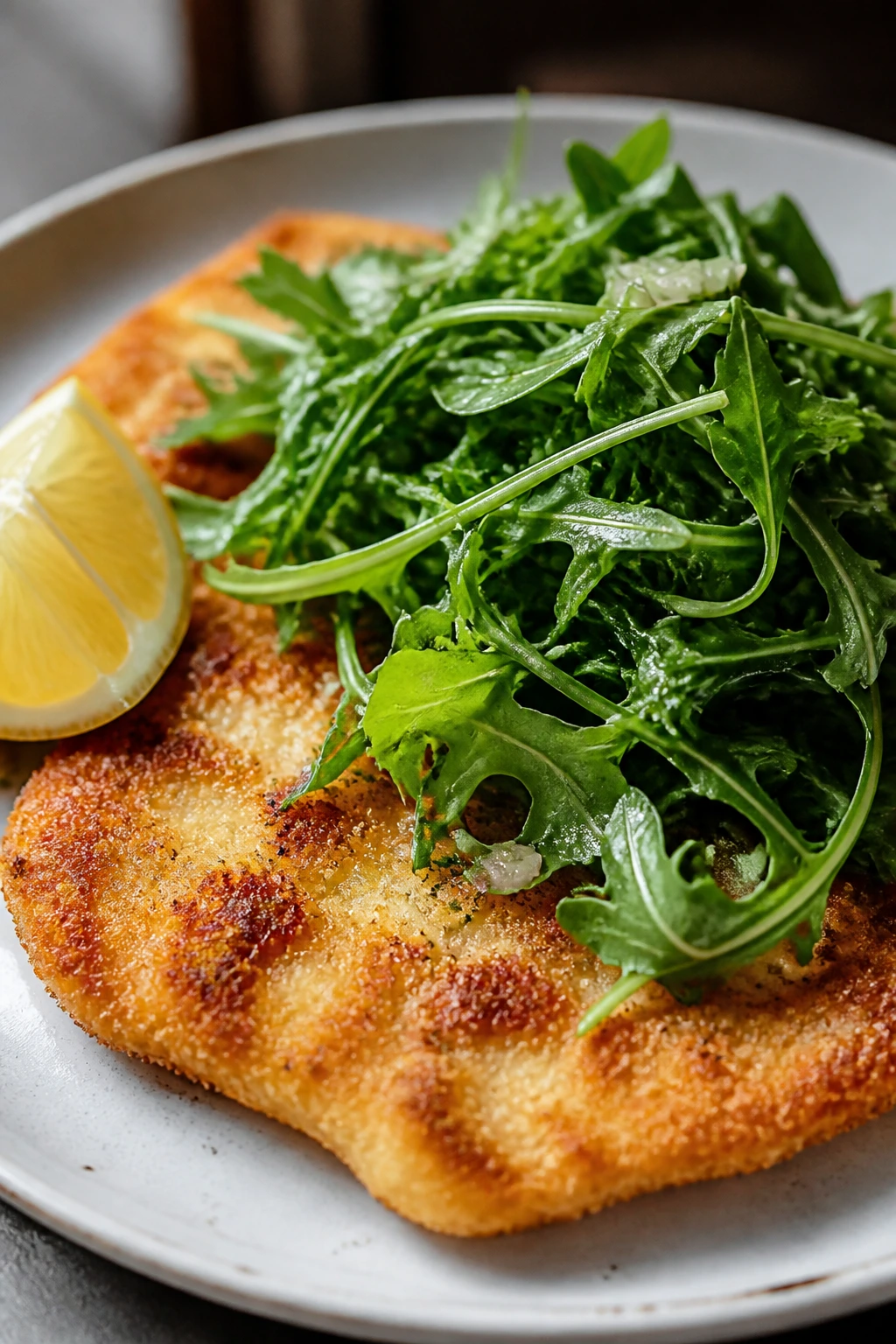 Crisp chicken Milanese with arugula salad on top