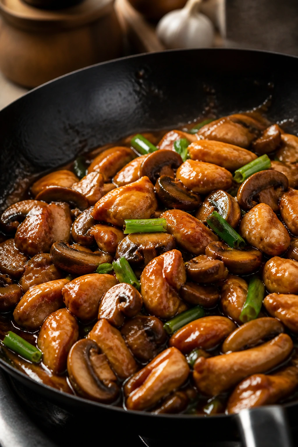 Glossy chicken and mushrooms in oyster sauce on a skillet