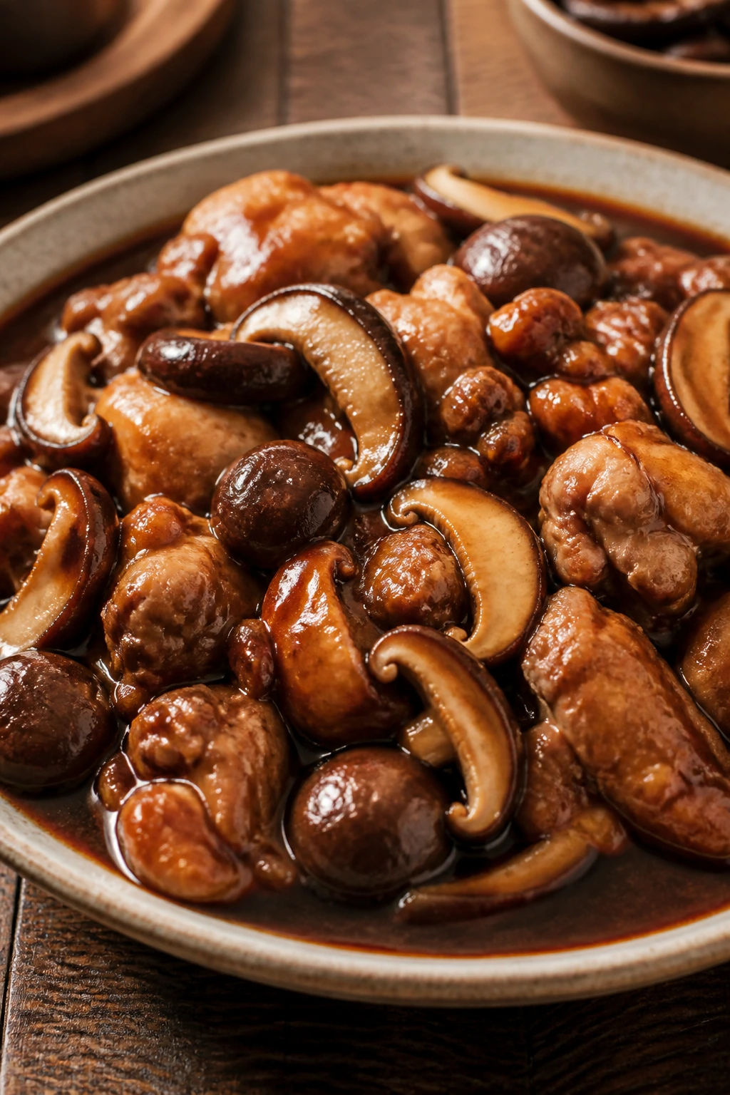 Close-up of chicken and mushrooms in brown sauce