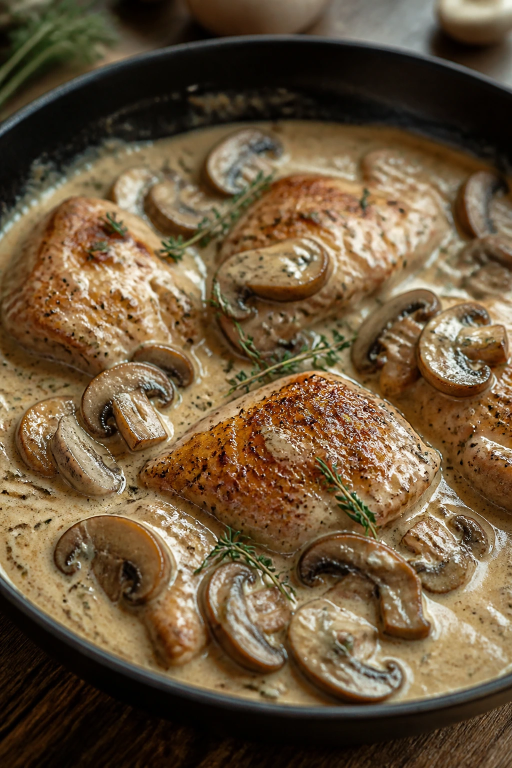 Creamy mushroom chicken with thyme in a skillet