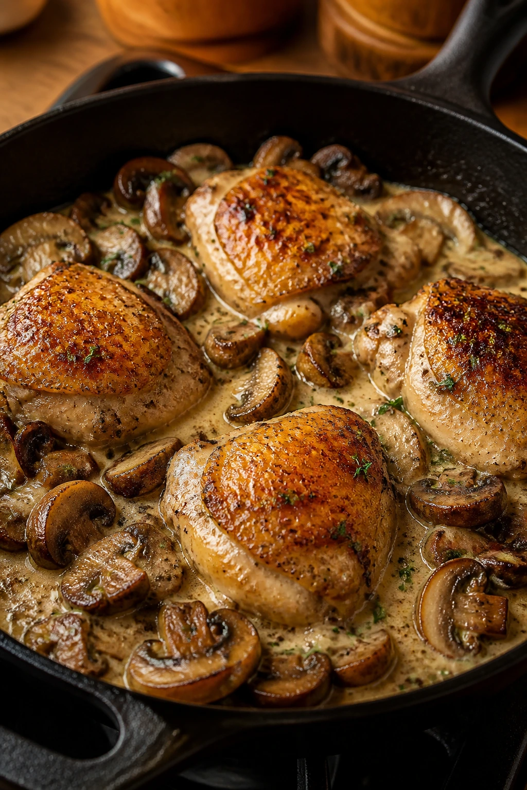 Skillet with chicken and mushrooms in Dijon cream sauce filling the frame