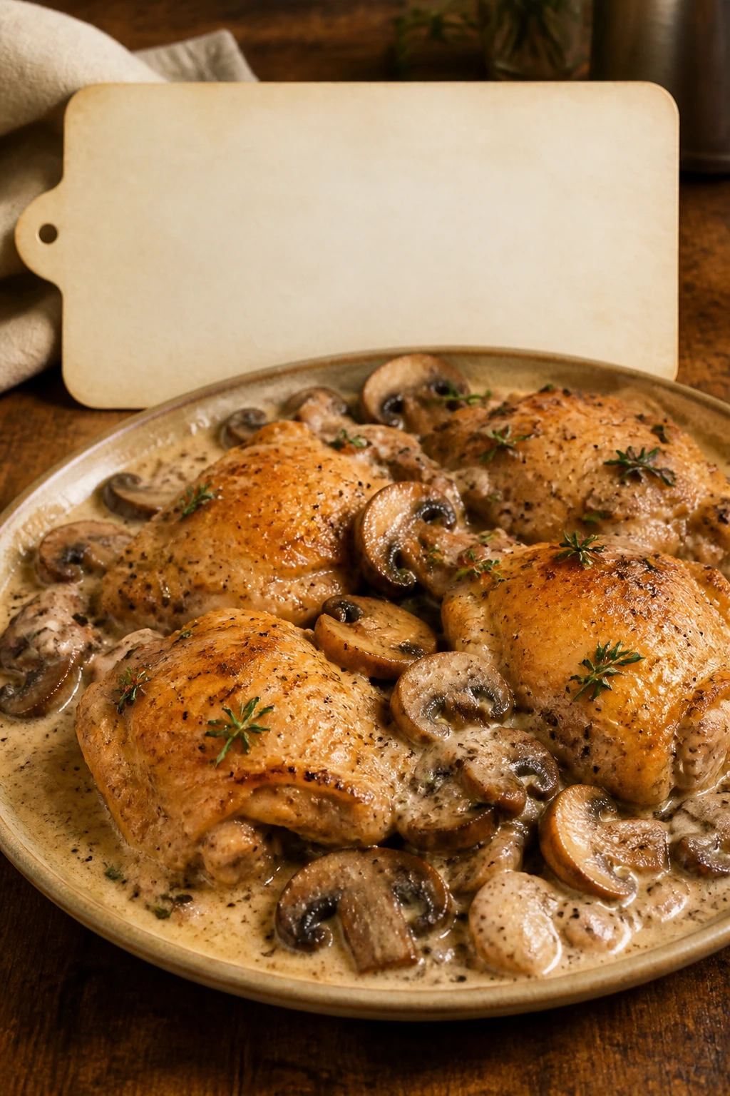Plate of chicken and mushrooms in Dijon cream sauce with a background recipe card silhouette