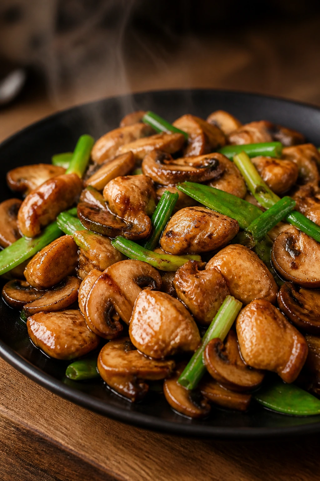 Close-up of chicken mushroom stir fry with oyster sauce