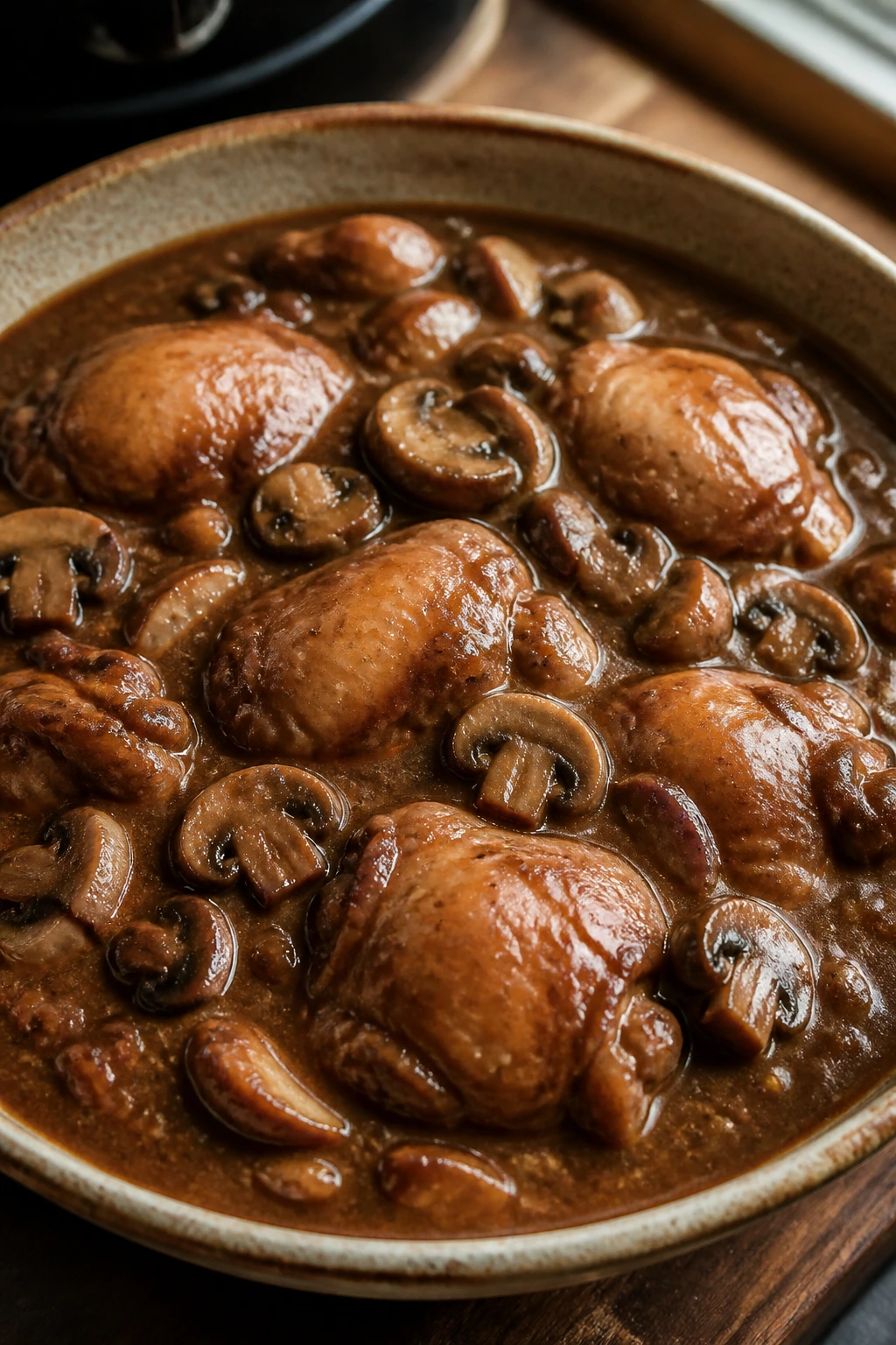 Close-up of chicken thighs and mushrooms in brown gravy