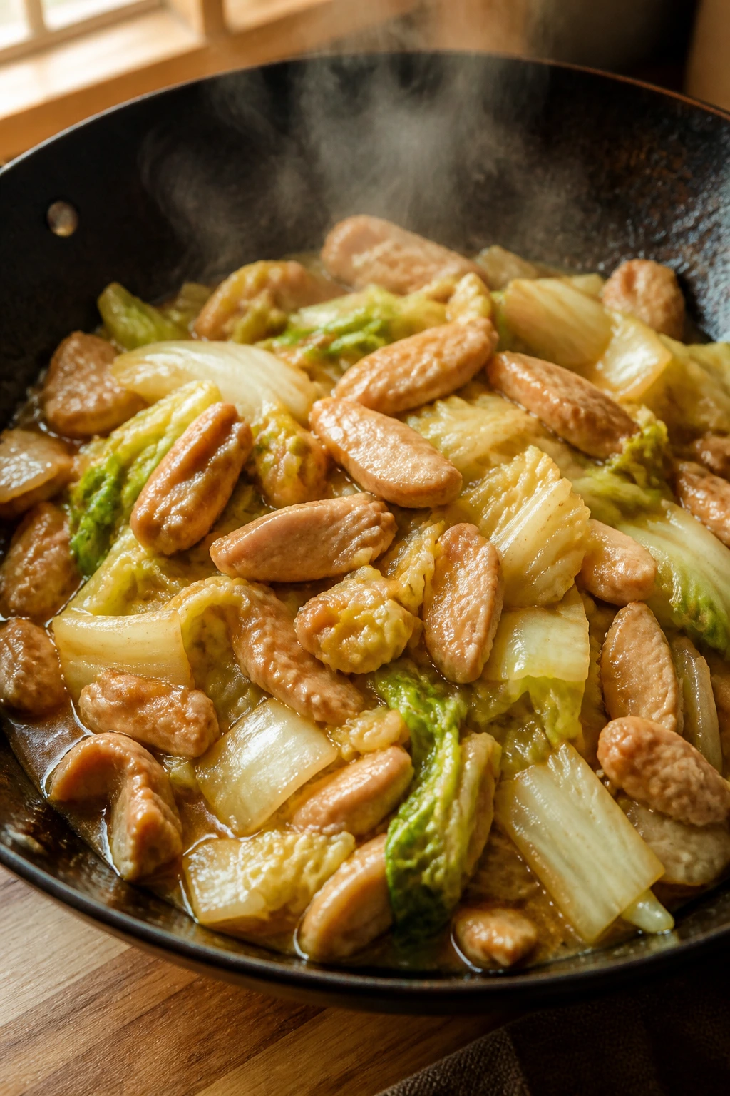 Close-up of chicken and napa cabbage stir-fry in rice vinegar sauce