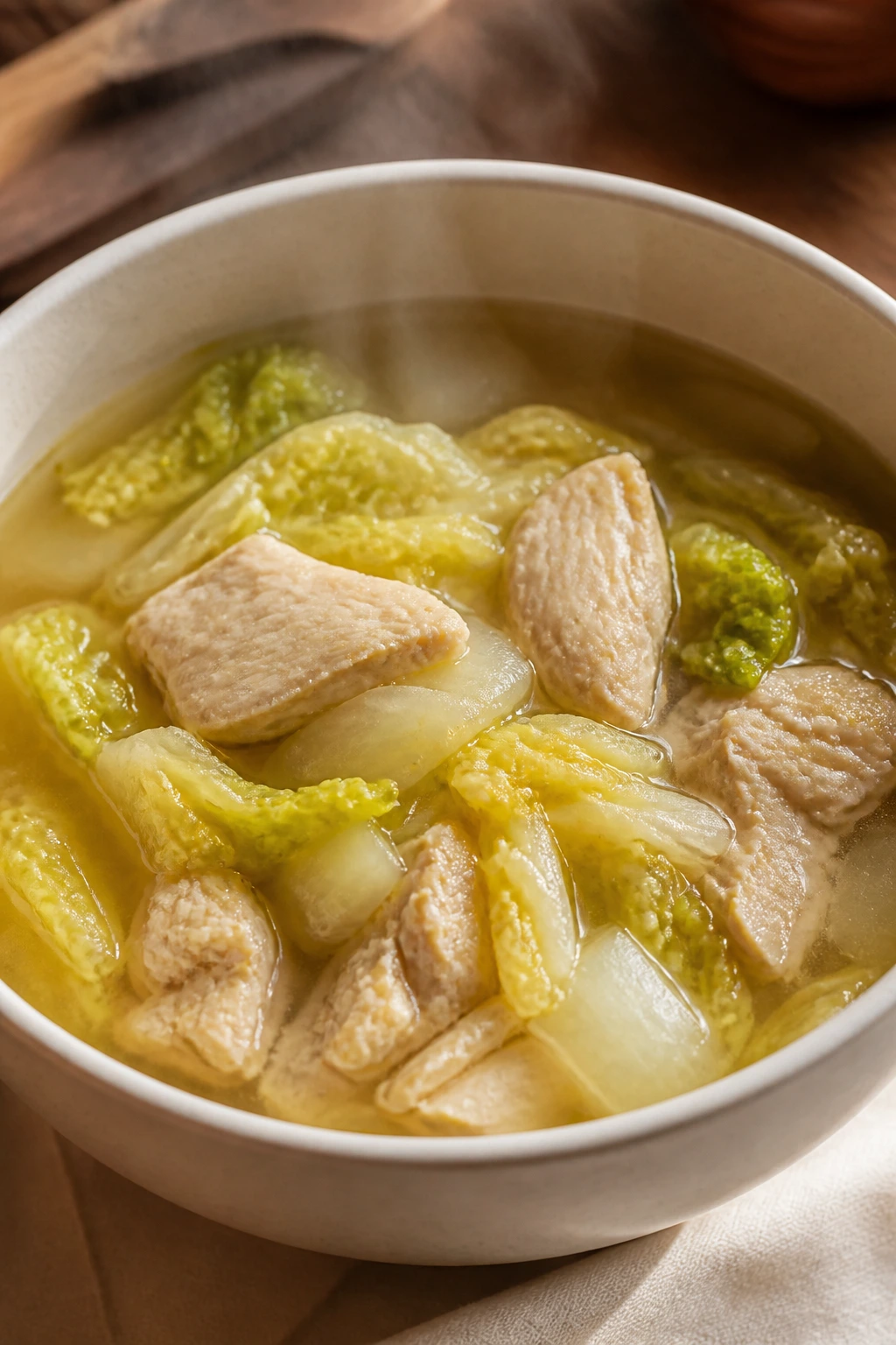 Close-up of chicken and napa cabbage soup in warm broth.