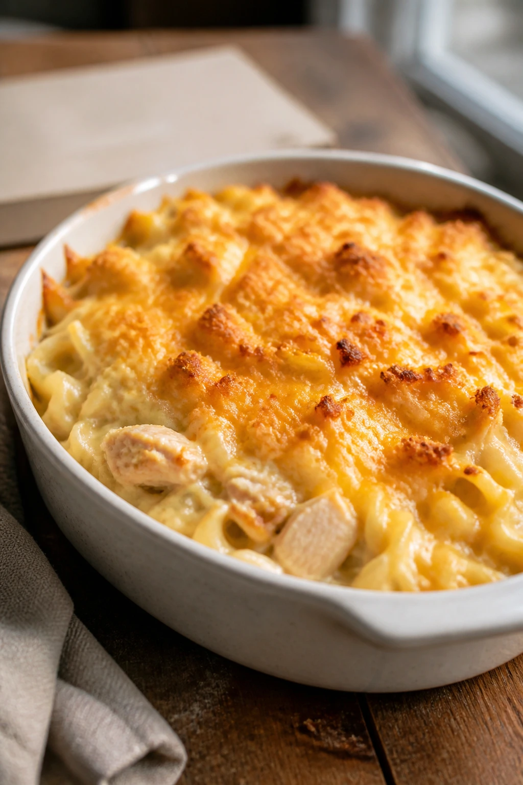 Close-up of cheesy chicken noodle bake on a wooden table with a blurred recipe-card backdrop