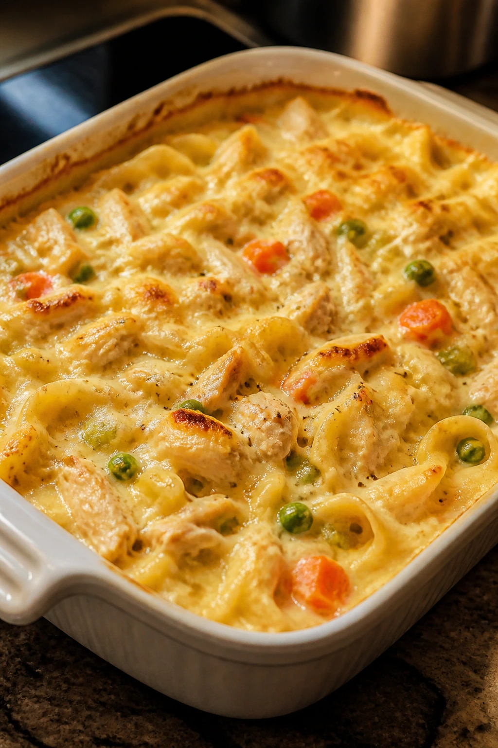 Close-up Chicken Noodle Casserole with creamy topping
