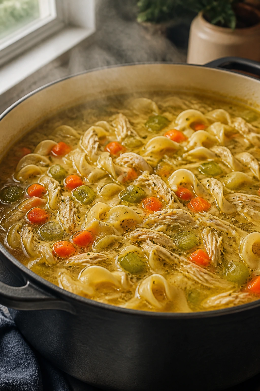 Large pot of chicken noodle soup steaming in a kitchen