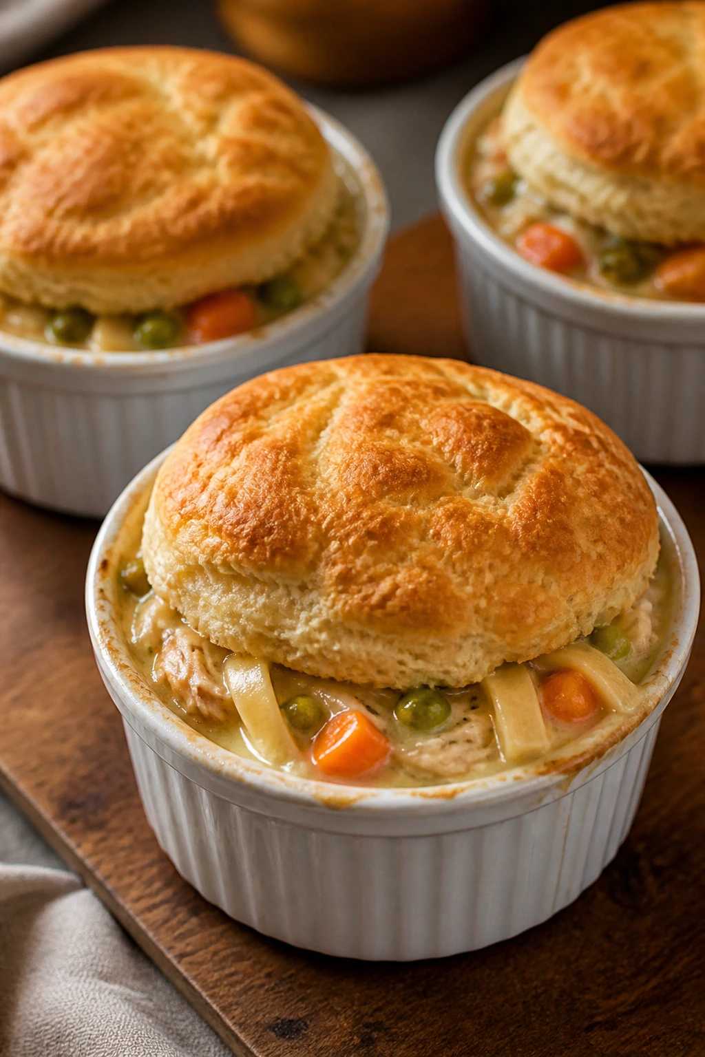 Close-up of chicken noodle soup pot pies with biscuit crust in ramekins