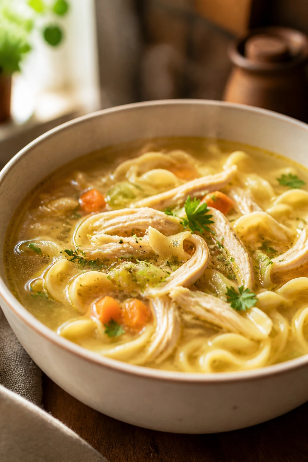 Steaming bowl of classic chicken noodle soup with noodles and chicken