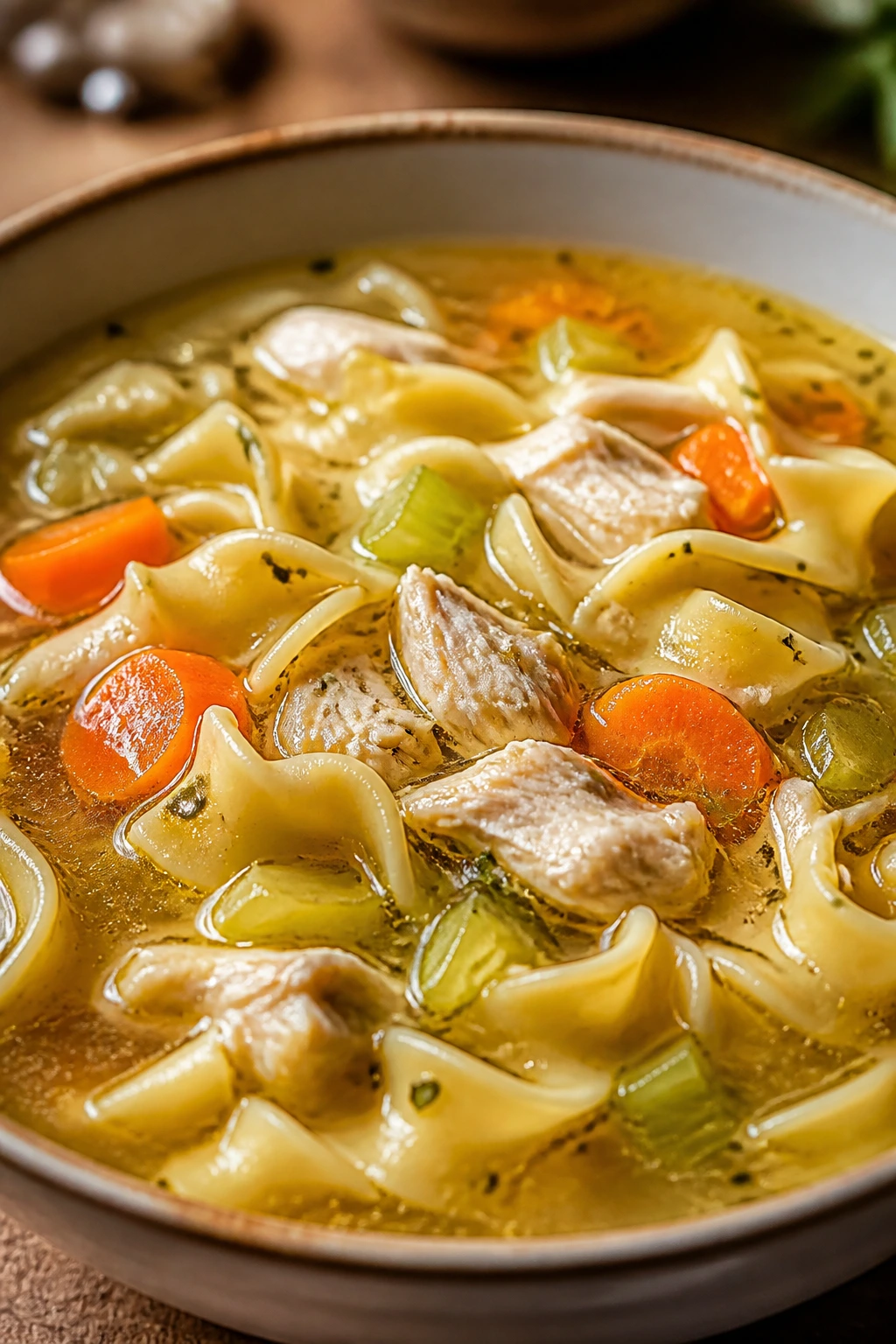 Steaming bowl of chicken noodle soup with vegetables