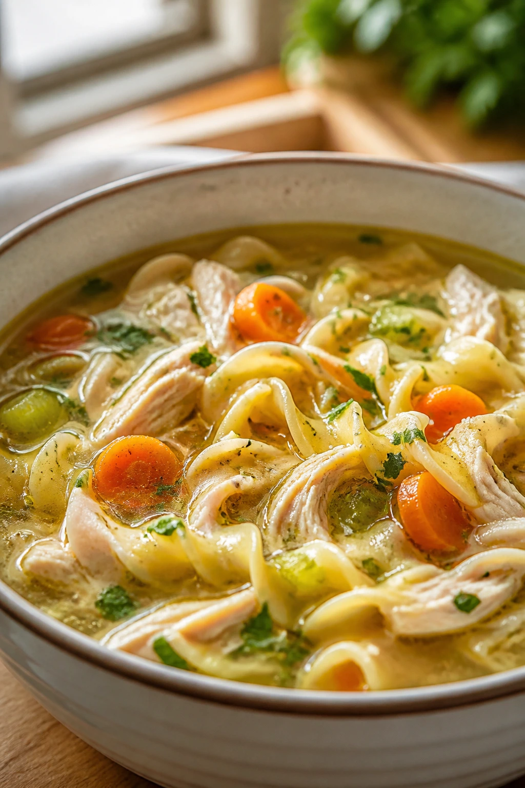 Close-up of Chicken Noodle Soup in a bowl