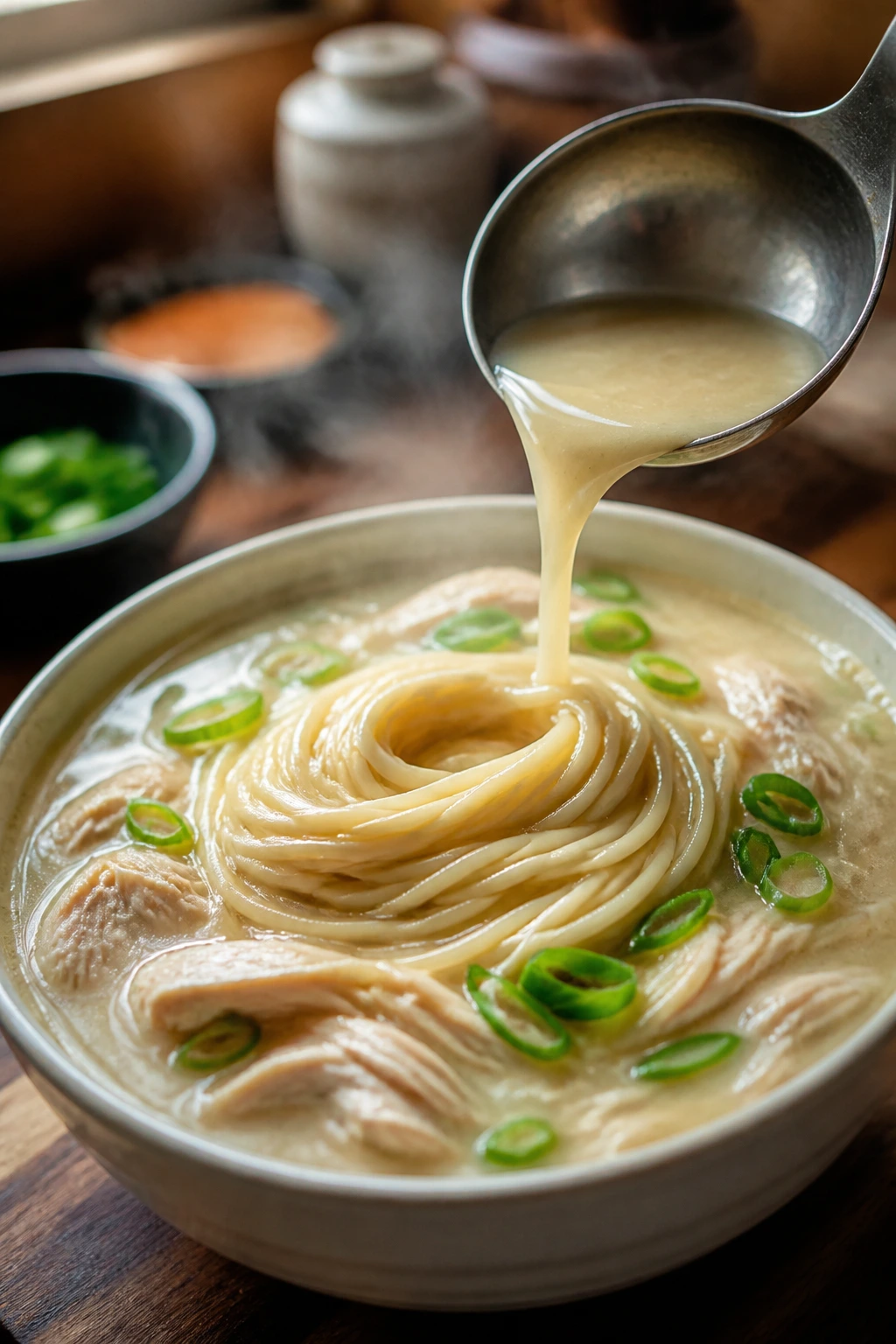 Steaming bowl of creamy Chinese chicken noodle soup with glossy broth and green scallions.