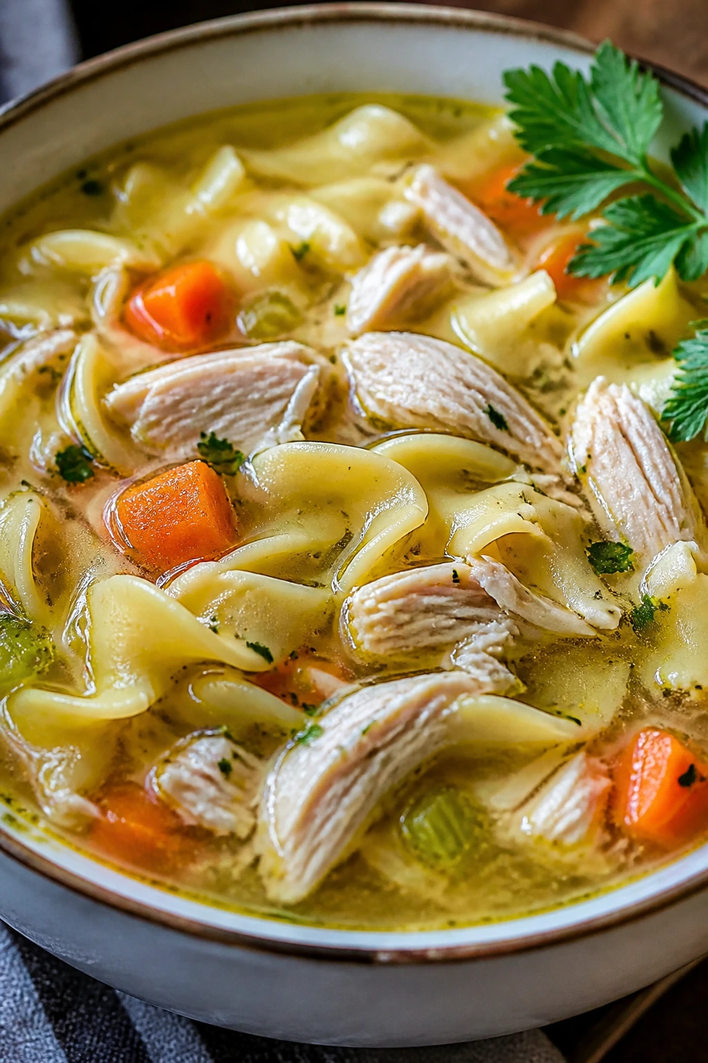Steaming bowl of chicken noodle soup with noodles and parsley