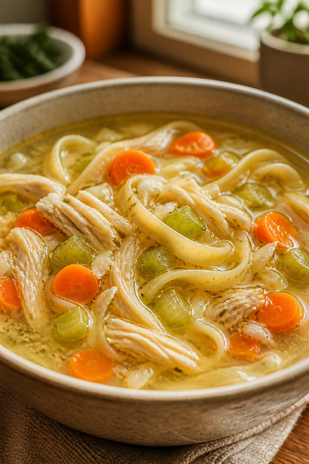 Close-up of steaming chicken noodle soup in a bowl with noodles and vegetables