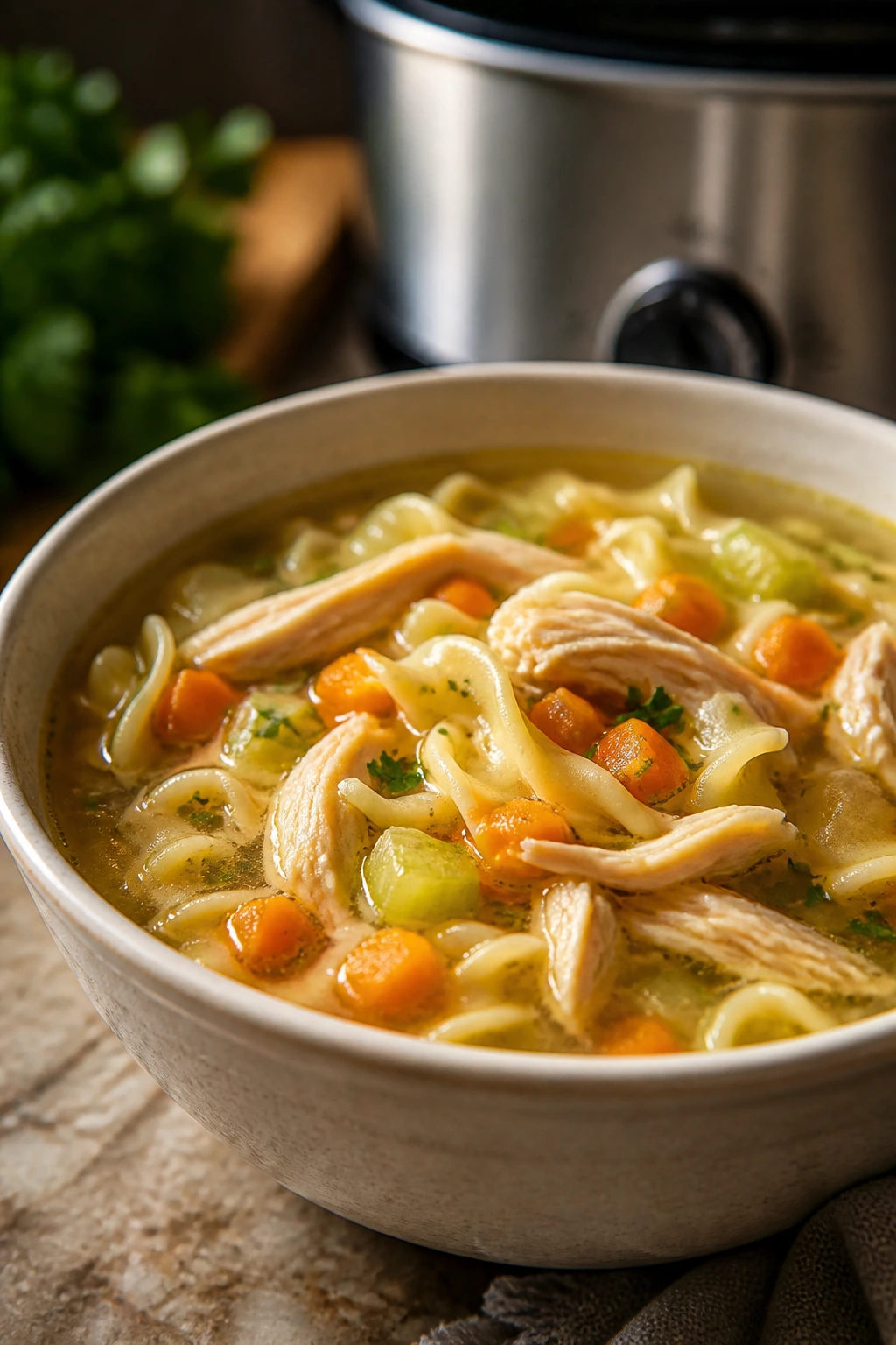 Bowl of chicken noodle soup with noodles and chicken