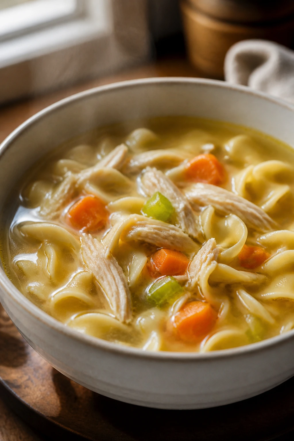 Steaming bowl of chicken noodle soup