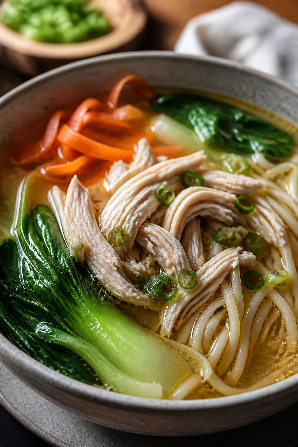 Steaming bowl of Chinese chicken noodle soup with bok choy and noodles
