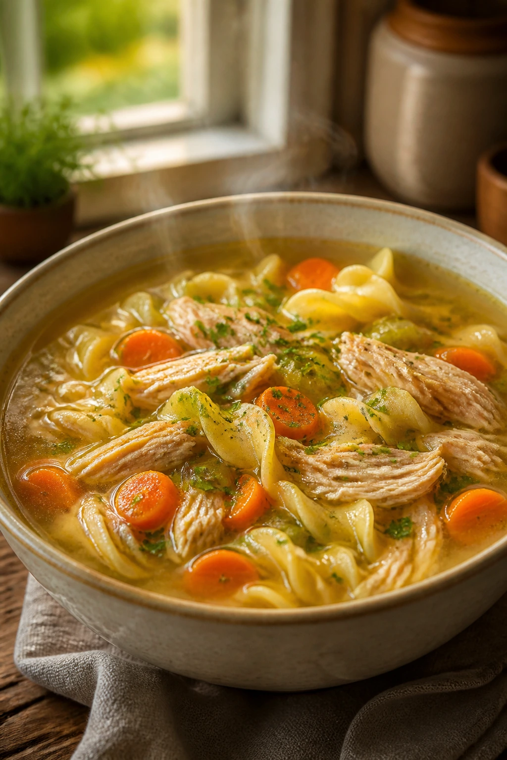 Close-up of classic chicken noodle soup with chicken, noodles, carrots and celery in broth