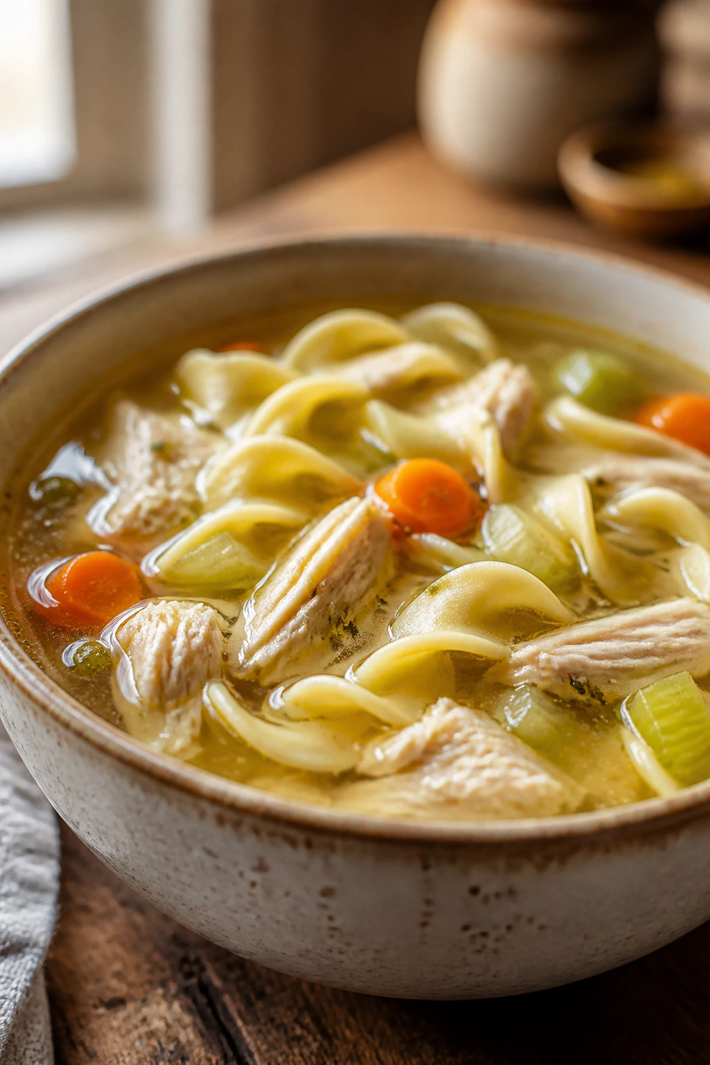 Close-up of steaming chicken noodle soup in a bowl with clear broth, chicken, carrots, celery, and noodles.