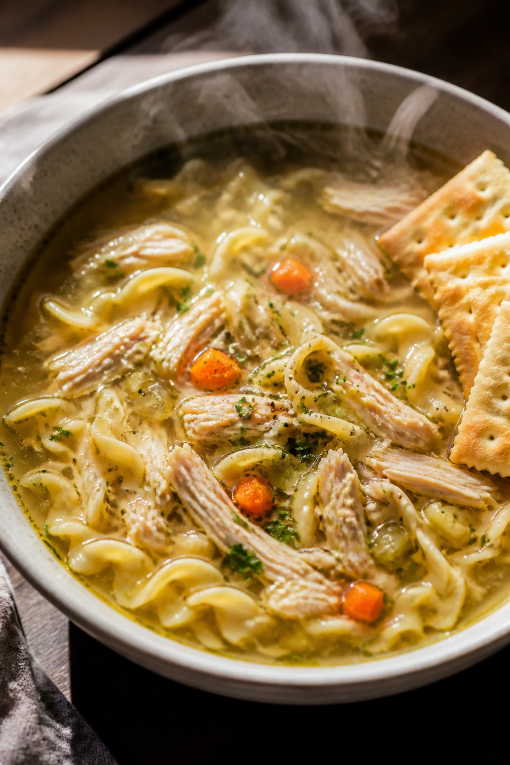 Steaming bowl of chicken noodle soup with crackers