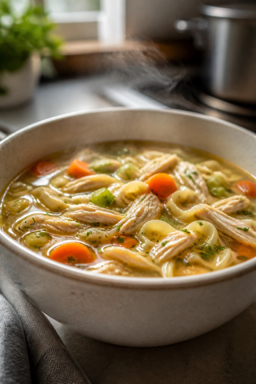 Steaming chicken noodle soup in a bowl with shredded chicken and vegetables