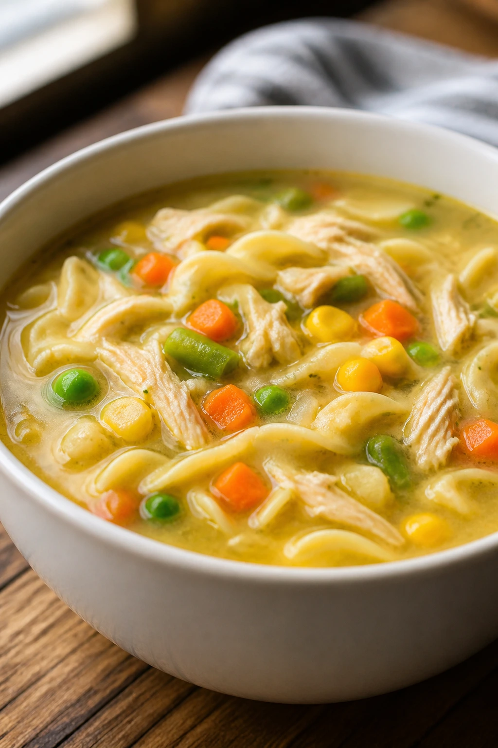 Bowl of chicken noodle soup with frozen vegetables.