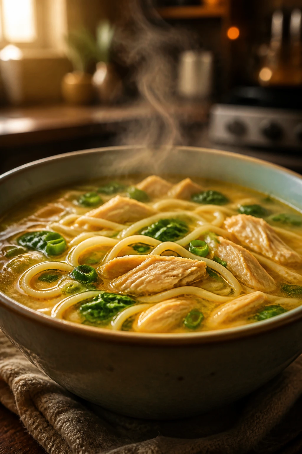 Generous bowl of glossy chicken noodle soup on a warm kitchen counter.