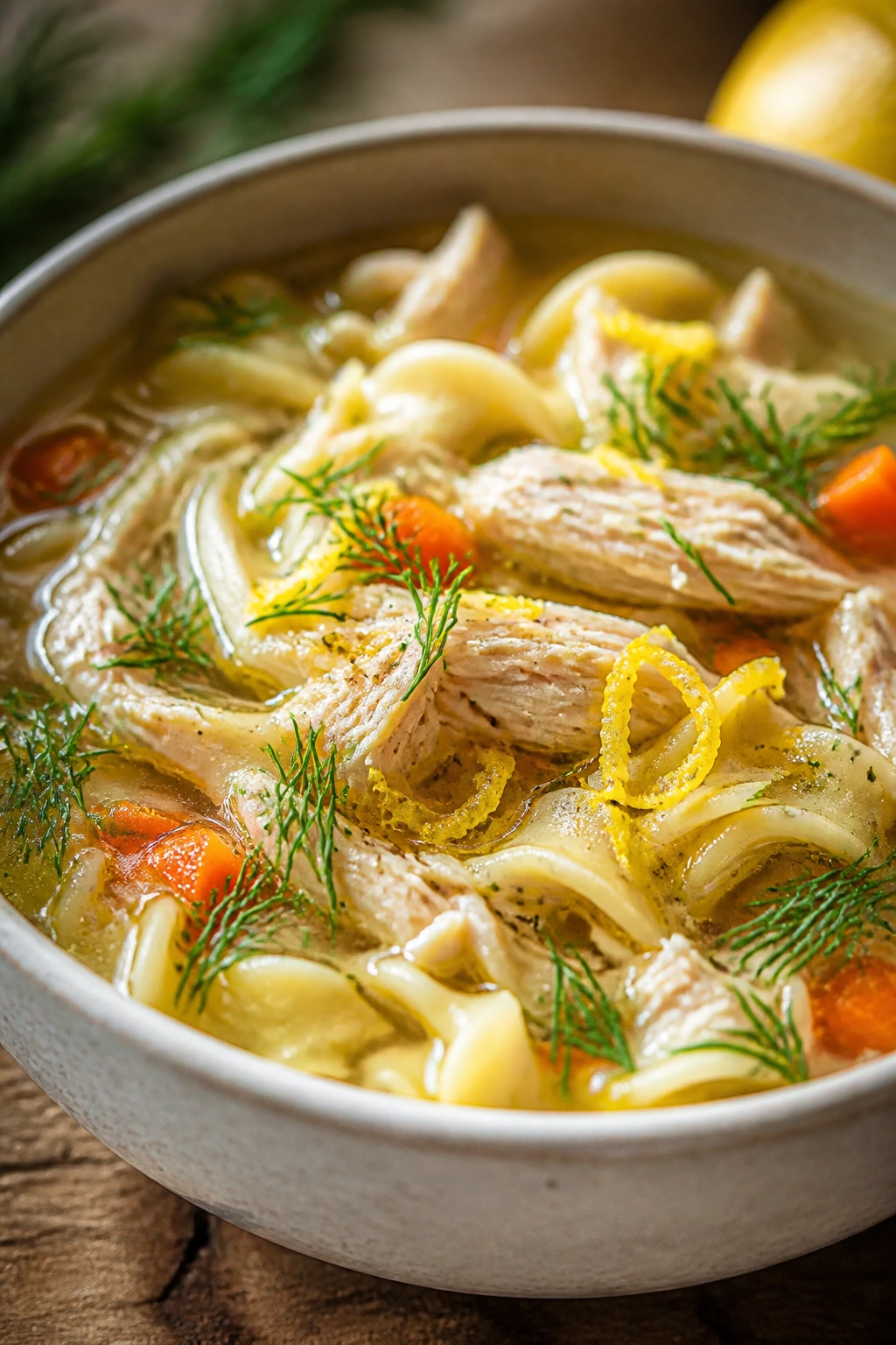 Close-up of chicken noodle soup with lemon and dill in a bowl on a rustic kitchen table