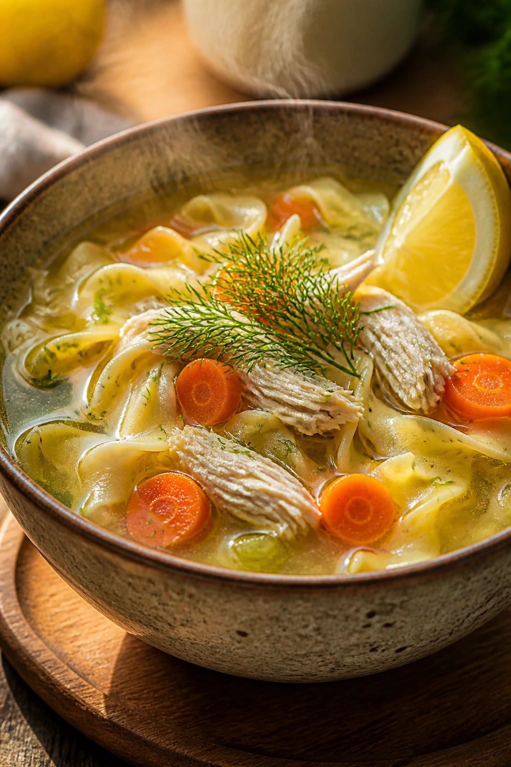 Close-up of steaming chicken noodle soup with dill and lemon on a wooden table
