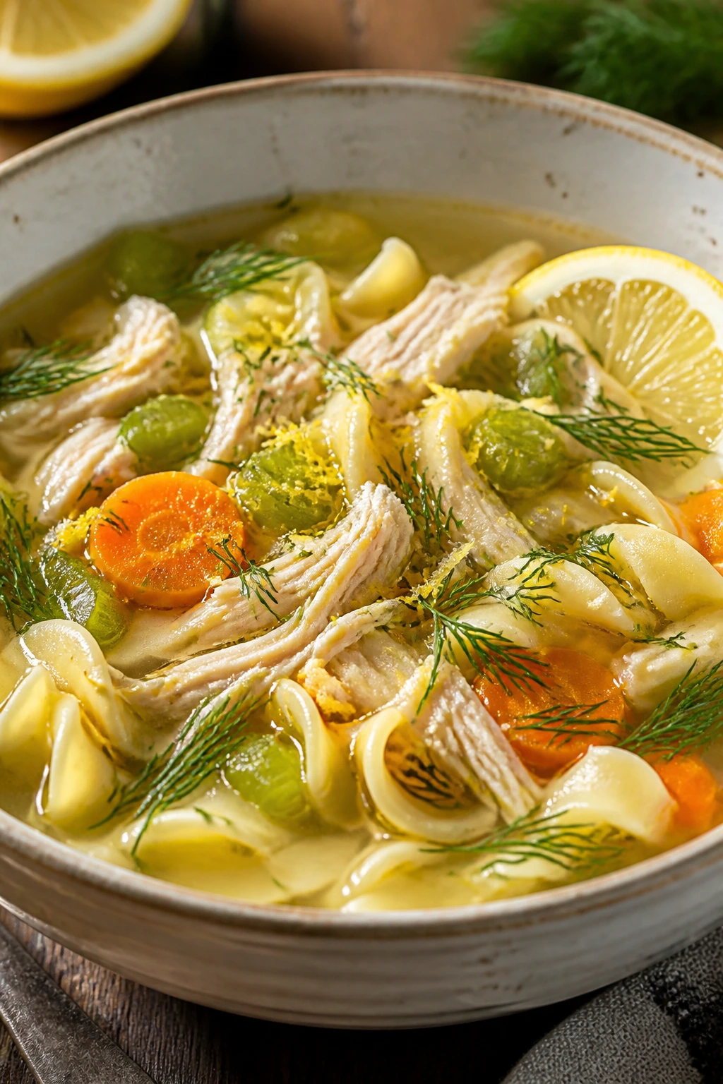 Steaming bowl of chicken noodle soup with dill on wooden table