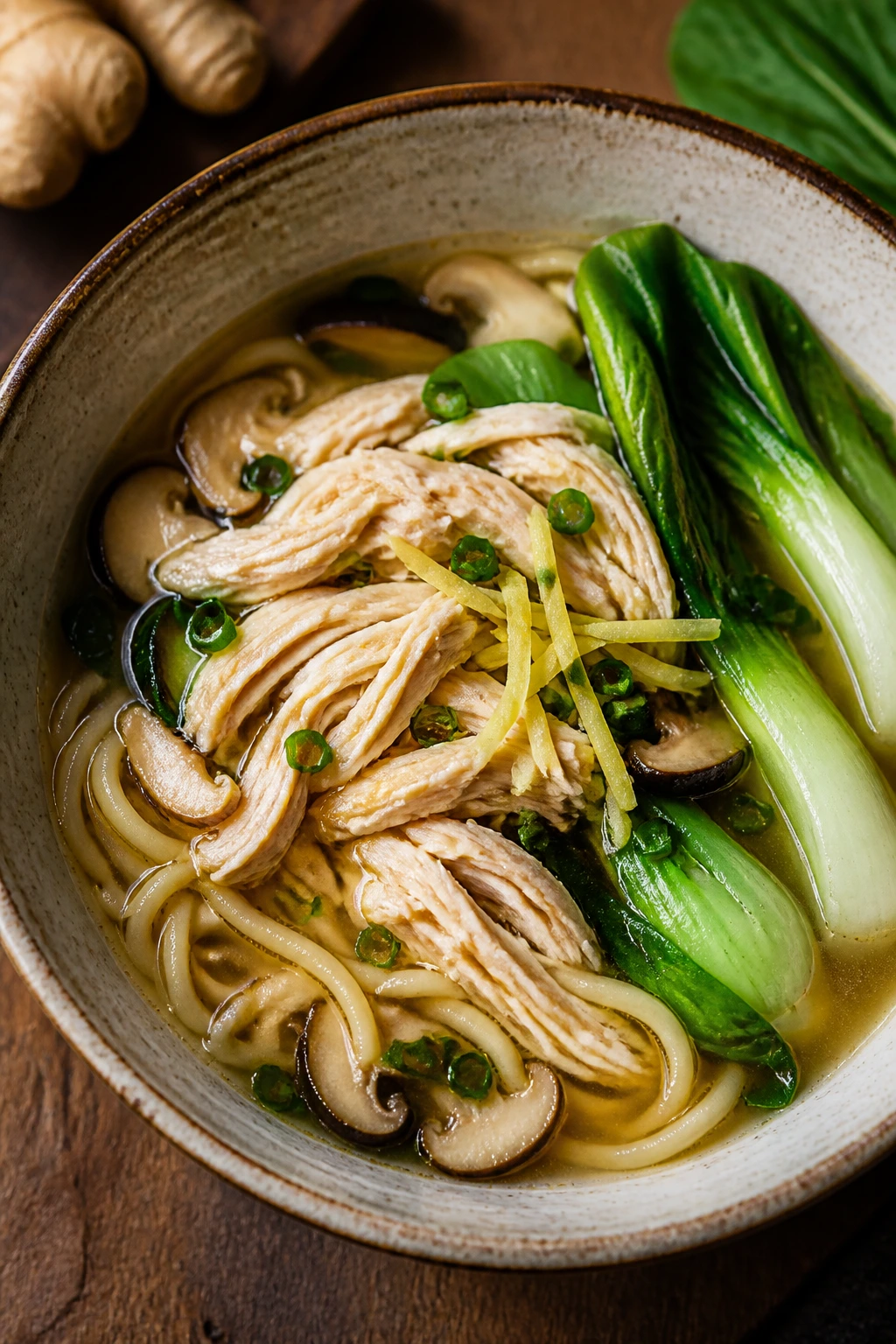 Steaming bowl of Chinese chicken noodle soup with ginger and pak choi