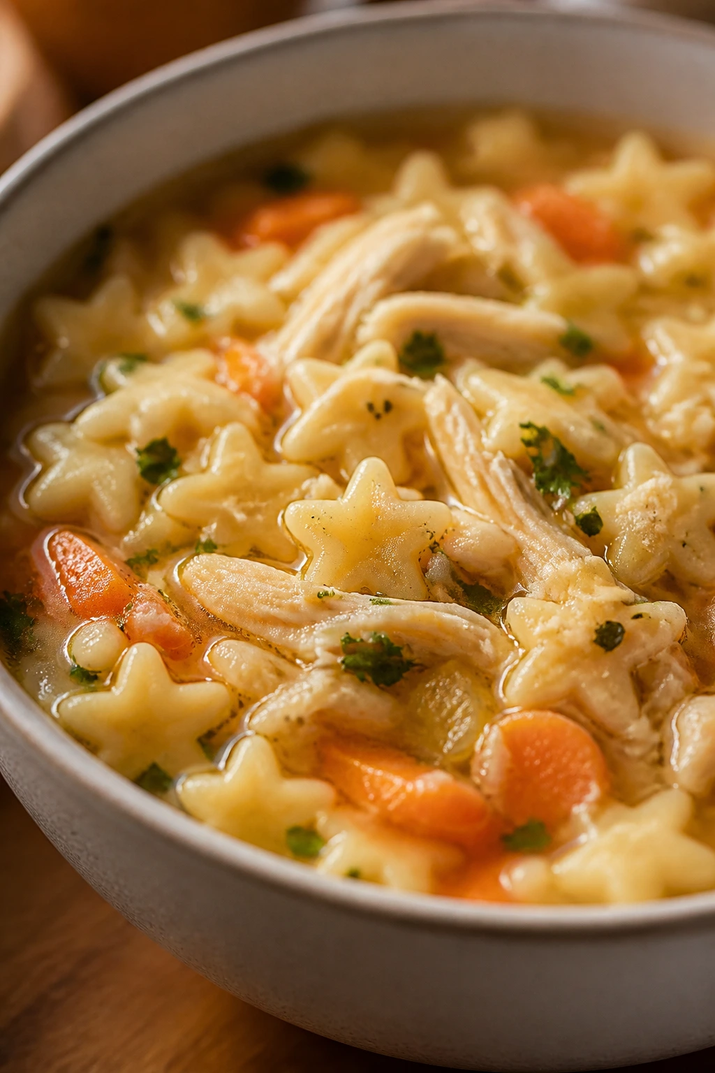 Close-up of chicken noodle soup with star-shaped pasta in a bowl