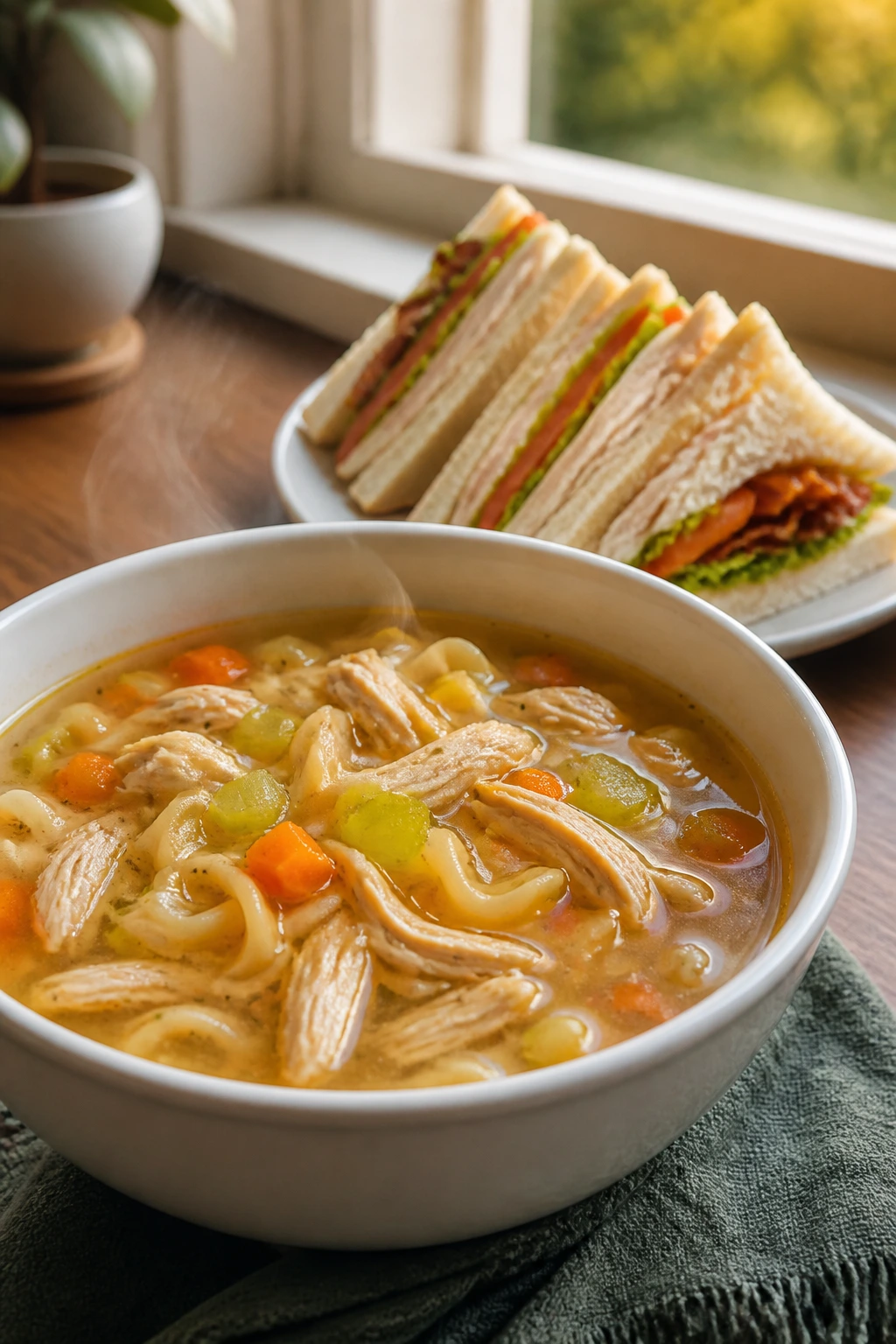 Chicken noodle soup with turkey club tea sandwiches in a cozy kitchen