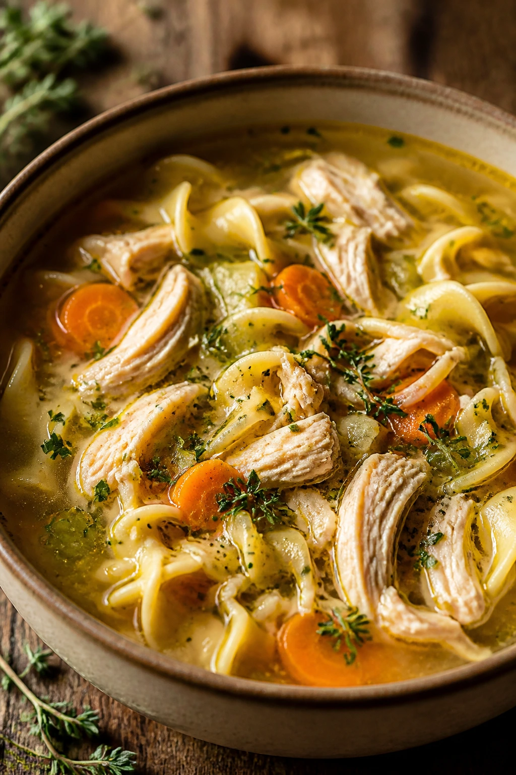 Steaming chicken noodle soup with thyme in a rustic bowl on a wooden table